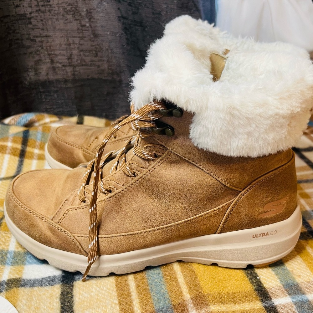 BOBS from Skechers Tan Sneakers with White Fur Trim